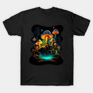 Cottagecore Psychedelic Colors Moon Mushroom Village T-Shirt